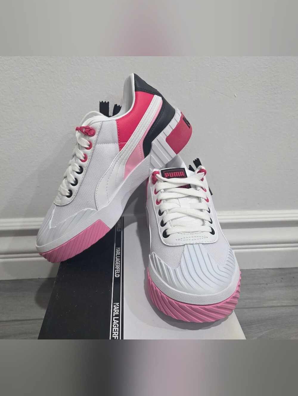 Puma X Karl Lagerfeld Collab White Sneakers with Pink and Black Accents